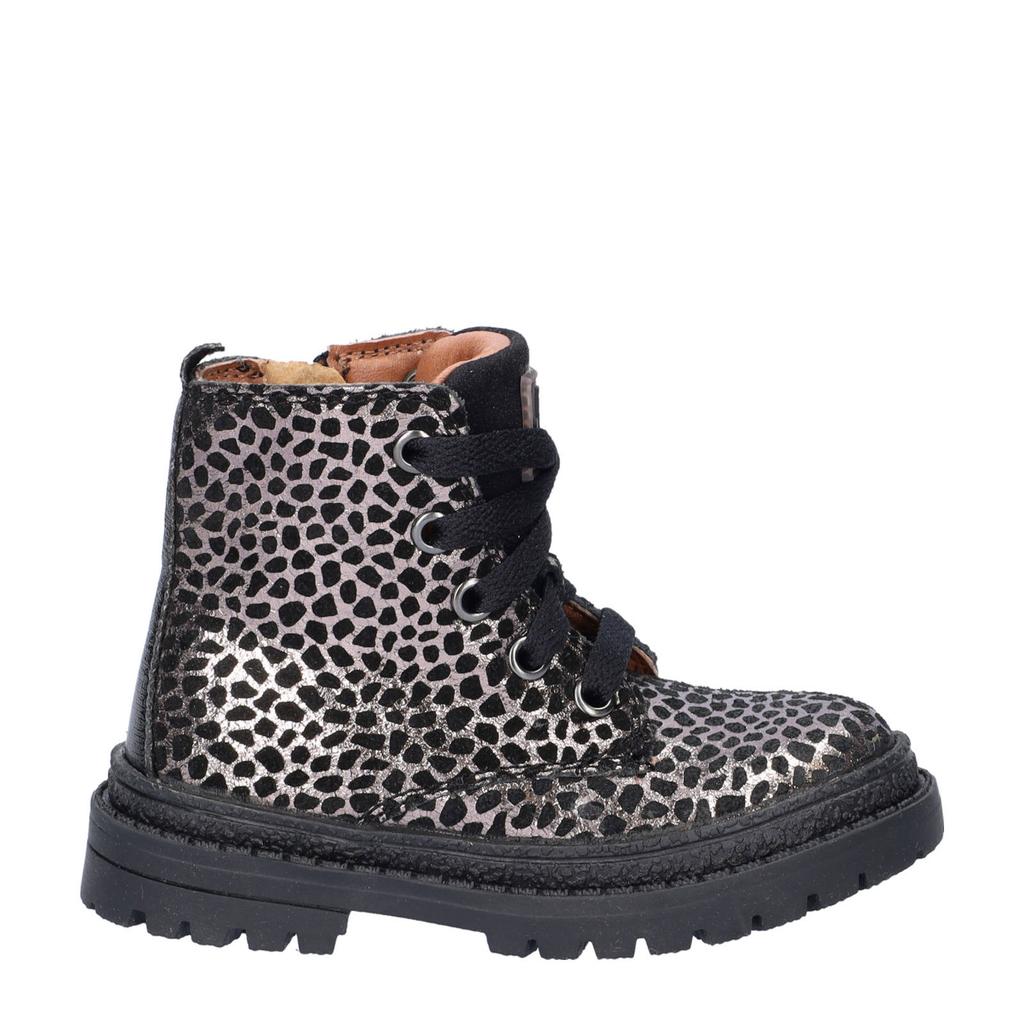 Zwart en zilverkleurige meisjes Nelson Kids suède veterboots met rits- en vetersluiting