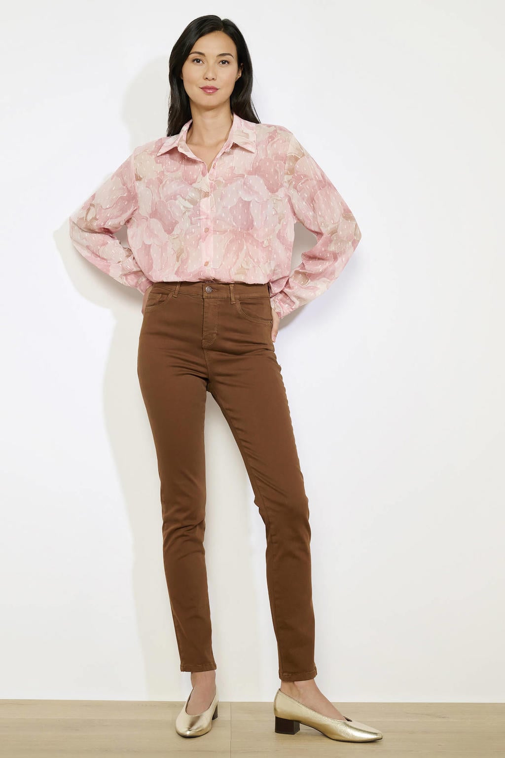 Lichtroze dames LOLALIZA blouse van polyester met korte mouwen, klassieke kraag, knoopsluiting en lurex