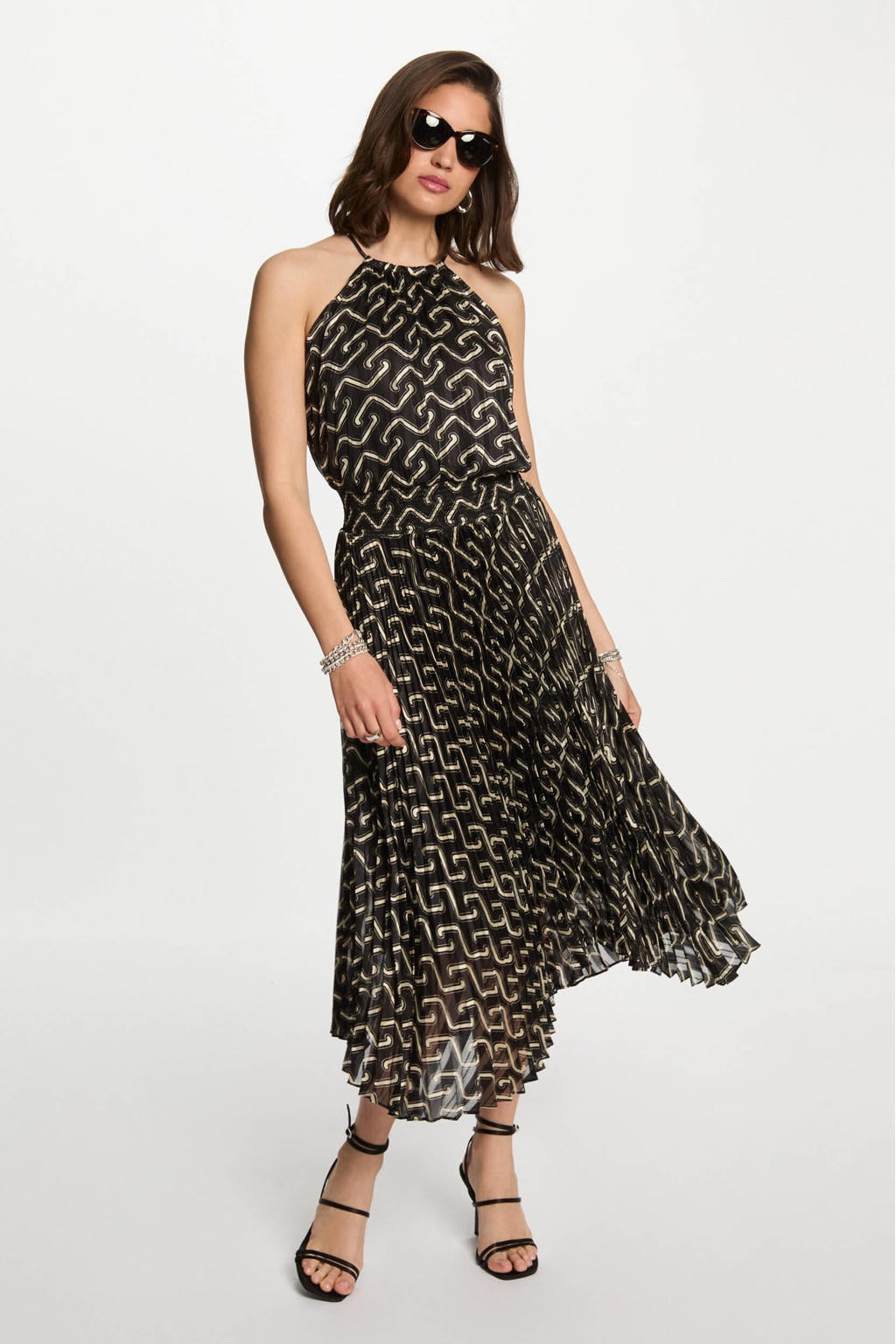 Zwart en ecru dames Morgan zomerjurk van polyester met ronde hals en plooien