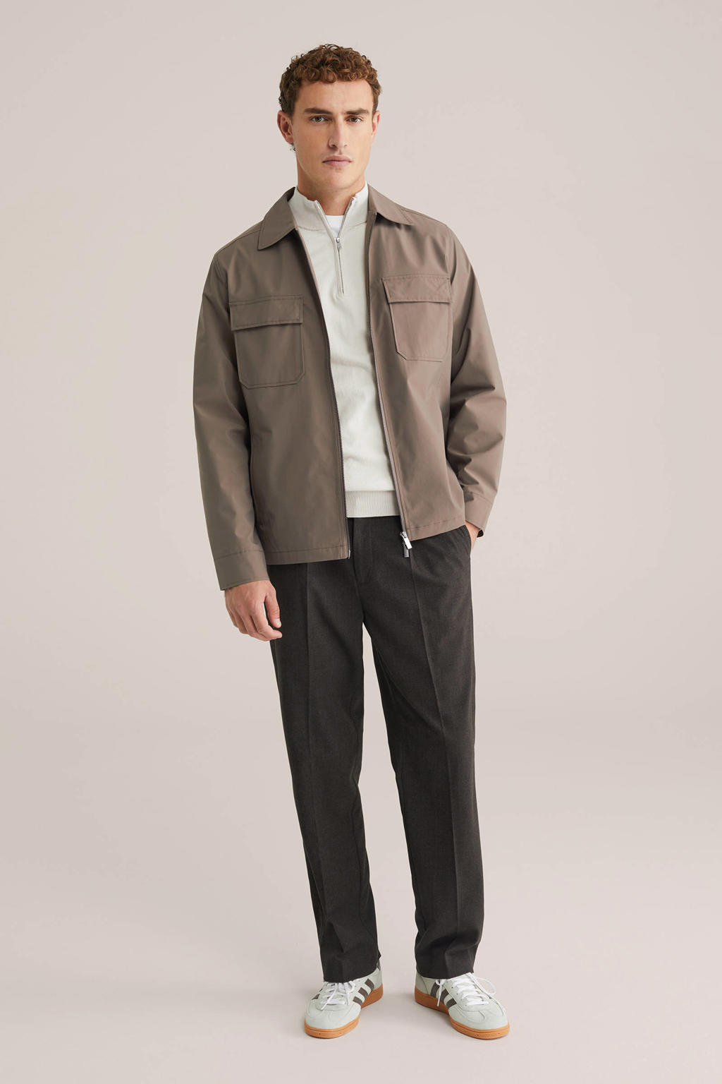Bruine heren WE Fashion jack van polyester met effen, lange mouwen, klassieke kraag en ritssluiting