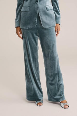 fluweel wide leg regular waist broek blauw