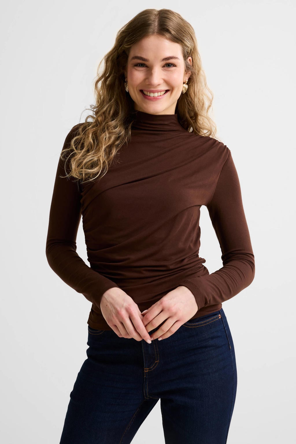 Donkerblauwe dames Anytime jersey top detail van viscose met effen, lange mouwen en plooien