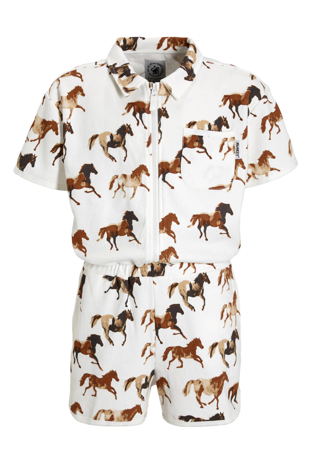 Bruine meisjes Me & My Monkey playsuit van katoen met korte mouwen, klassieke kraag en ritssluiting