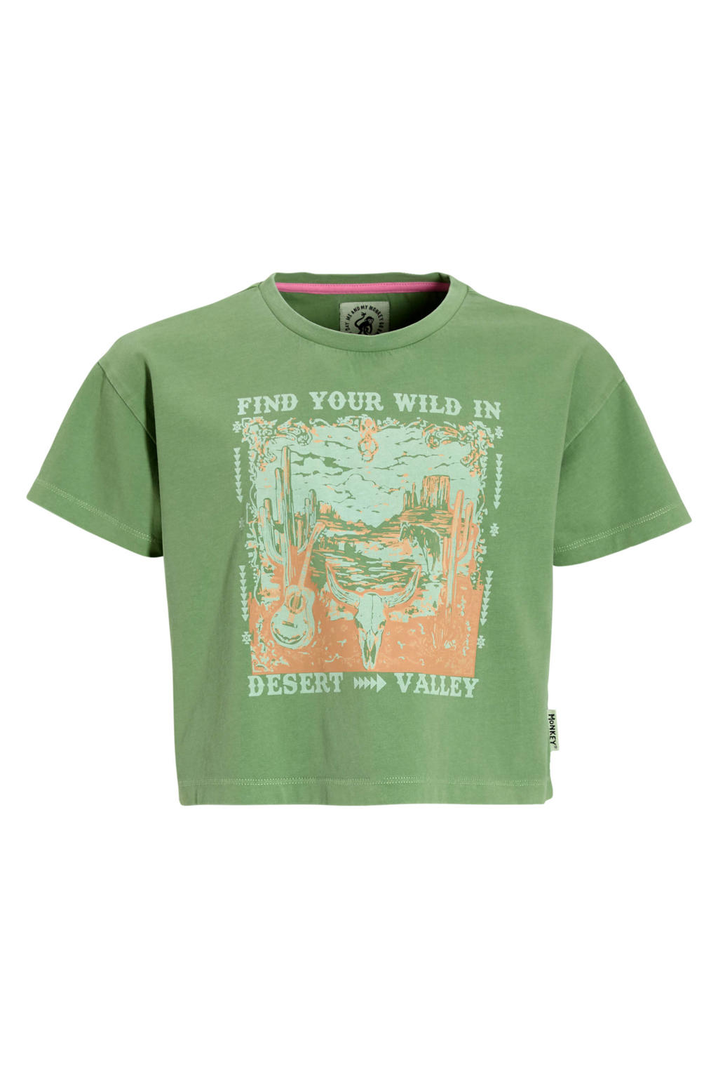 Groene meisjes Me & My Monkey boxy T-shirt Honey van katoen met printopdruk, korte mouwen en ronde hals