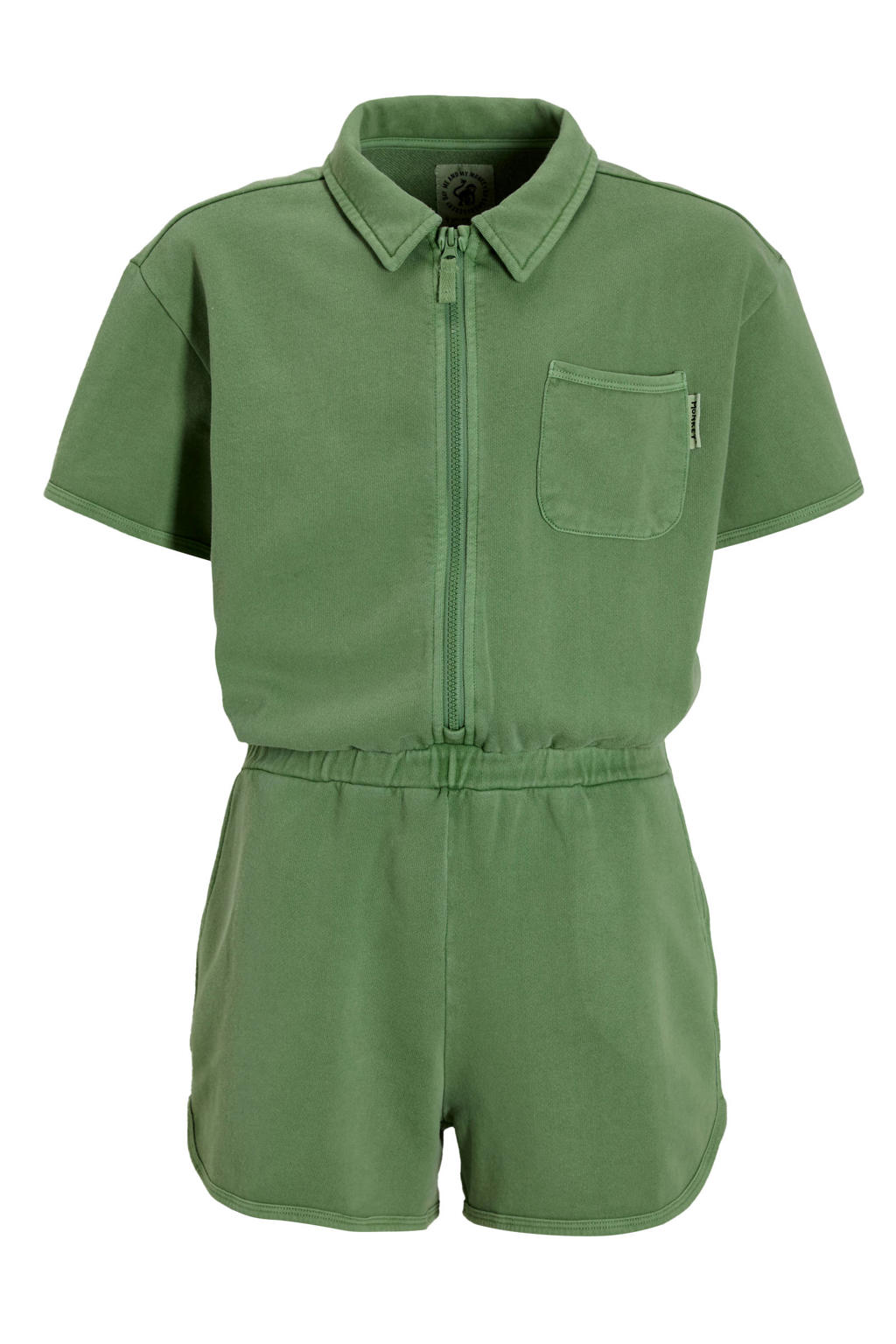 Groene meisjes Me & My Monkey playsuit van katoen met korte mouwen, klassieke kraag en ritssluiting