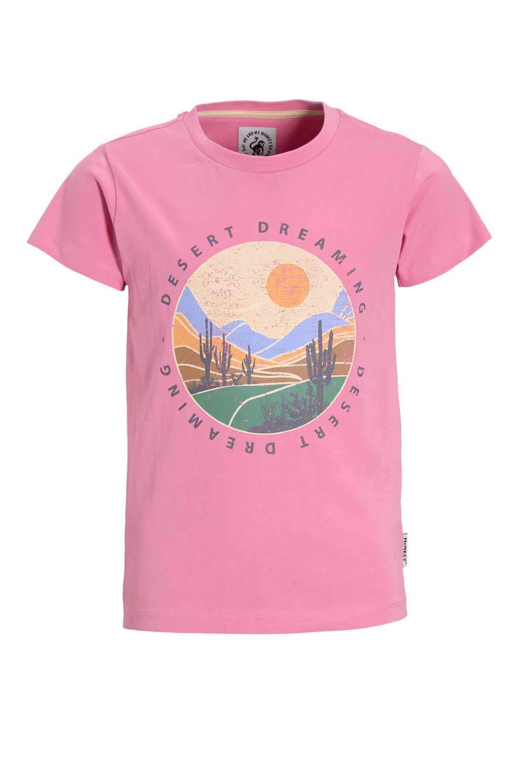 Roze meisjes Me & My Monkey regular T-shirt Lily van katoen met printopdruk, korte mouwen en ronde hals