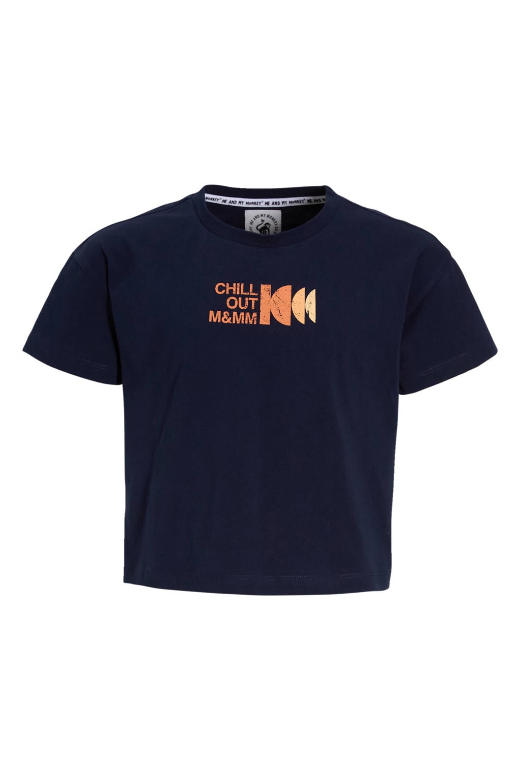Donkerblauwe meisjes Me & My Monkey boxy T-shirt Avery van katoen met backprint, korte mouwen en ronde hals