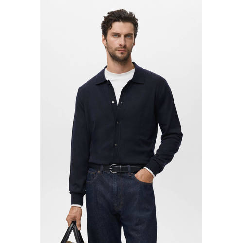 Mango Man cardigan met wol fijn gebreid donkerblauw afbeelding