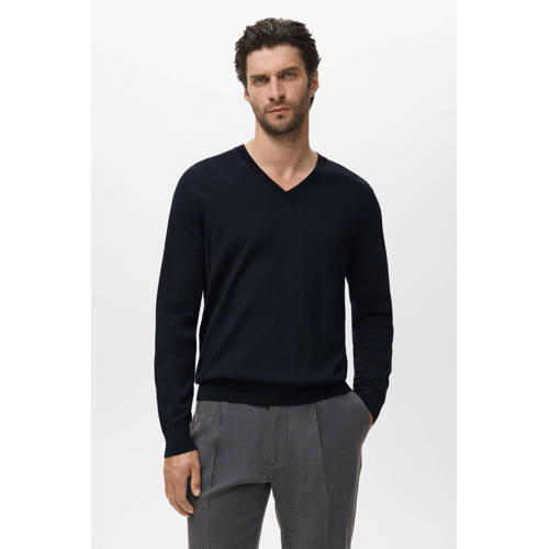 Mango Man trui met wol fijn gebreid donkerblauw afbeelding