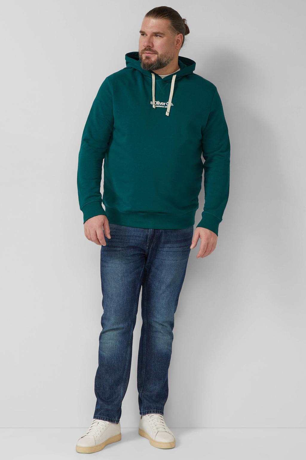 Donkergroene heren s.Oliver Big Size hoodie van sweat materiaal met effen, lange mouwen en capuchon