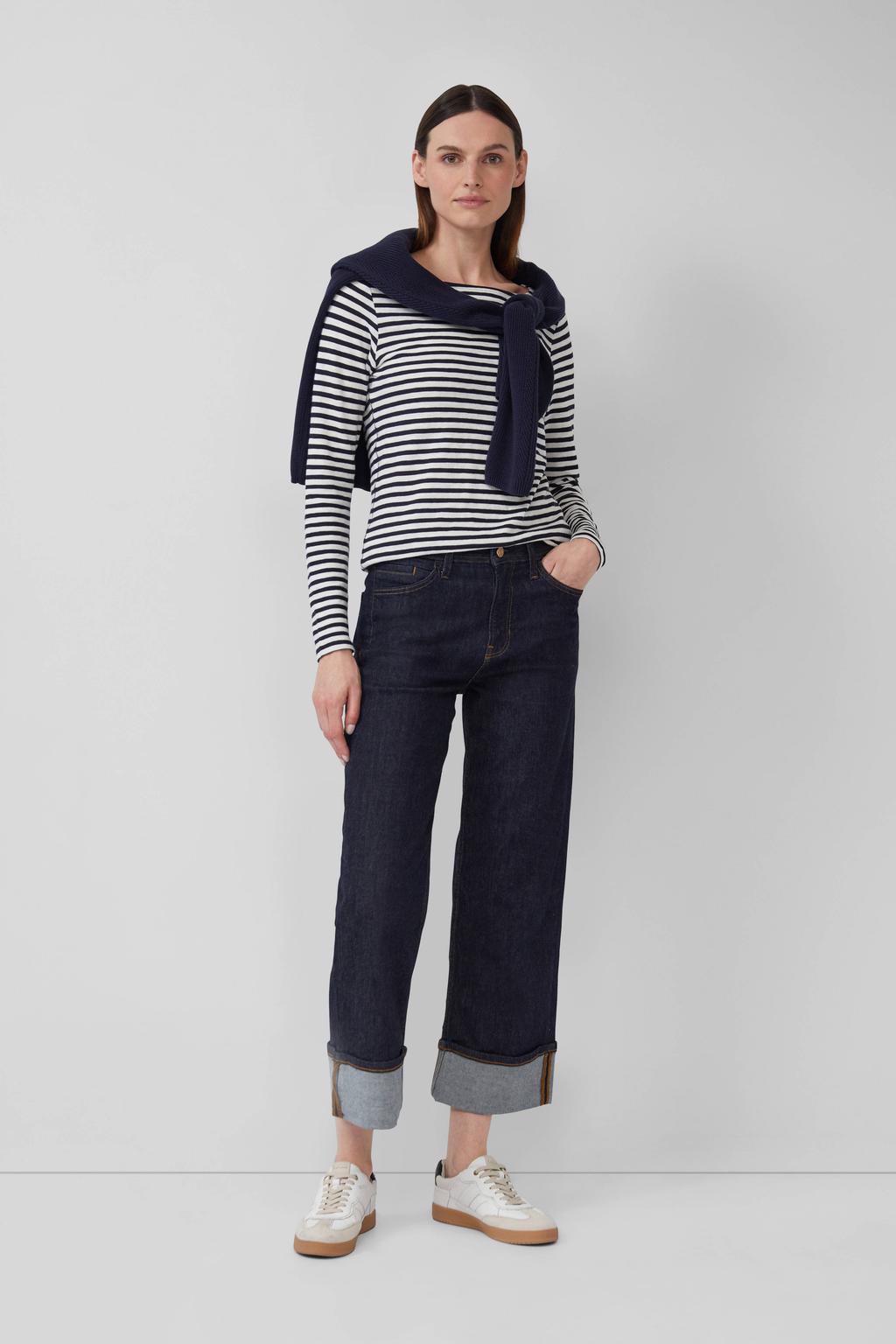 , marine en witte dames s.Oliver top met strepenprint, lange mouwen en boothals