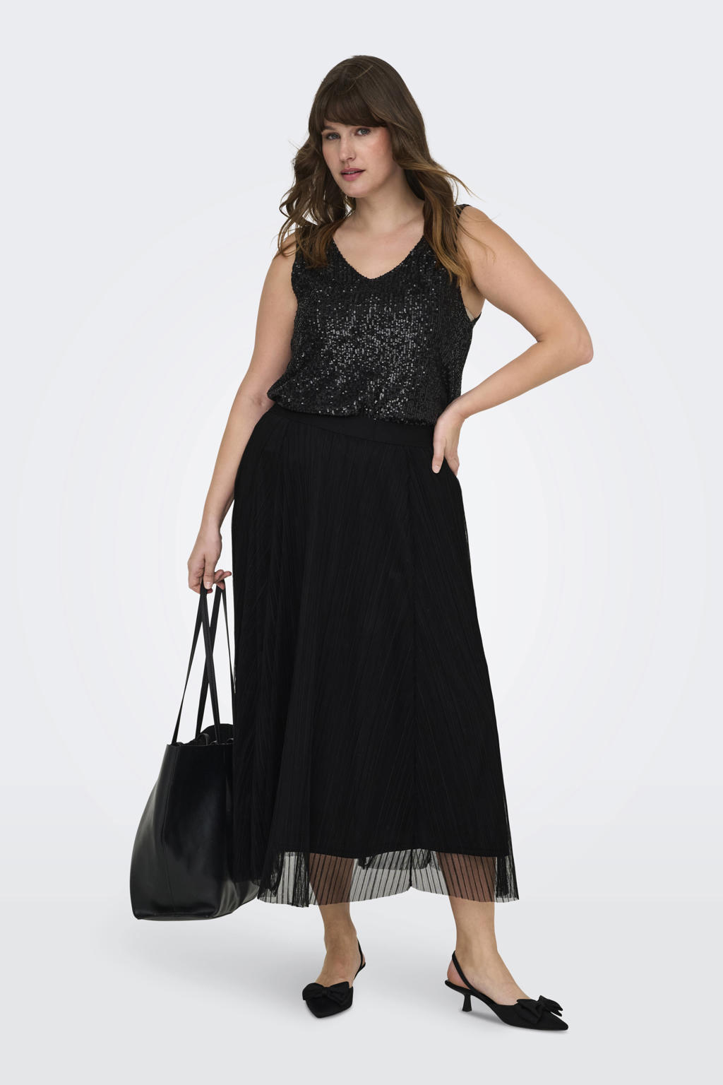 Zwarte dames ONLY CARMAKOMA plissé rok gemaakt van polyester en met elastische tailleband