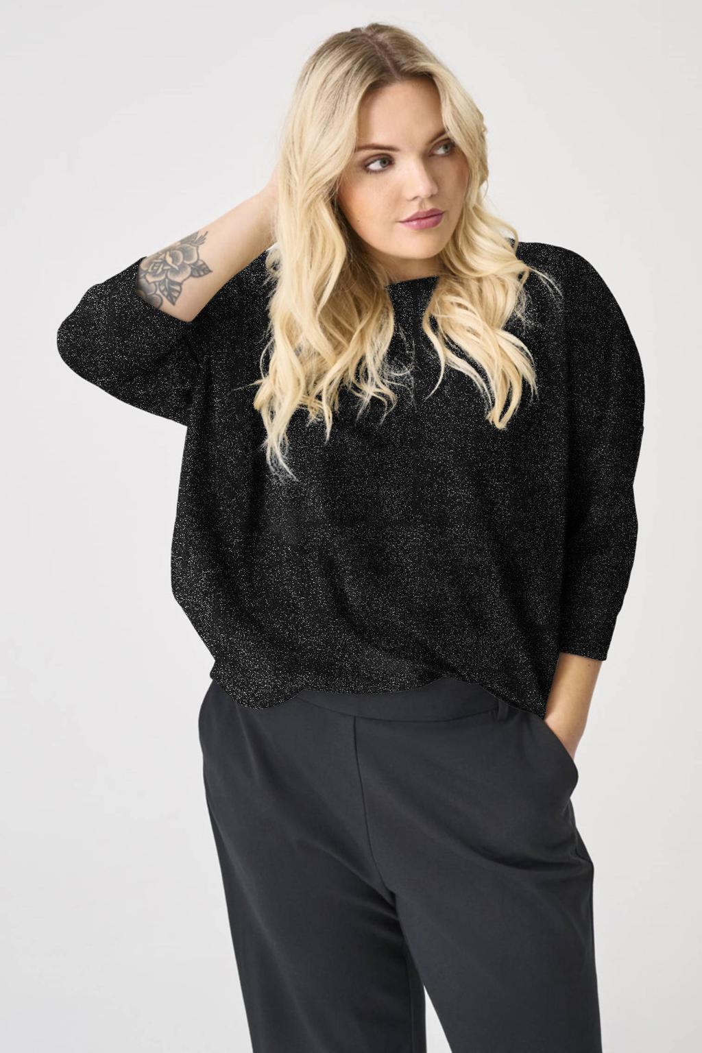 Zwart en zilverkleurige dames ONLY CARMAKOMA top van polyester met effen, driekwart mouwen, klassieke kraag en lurex