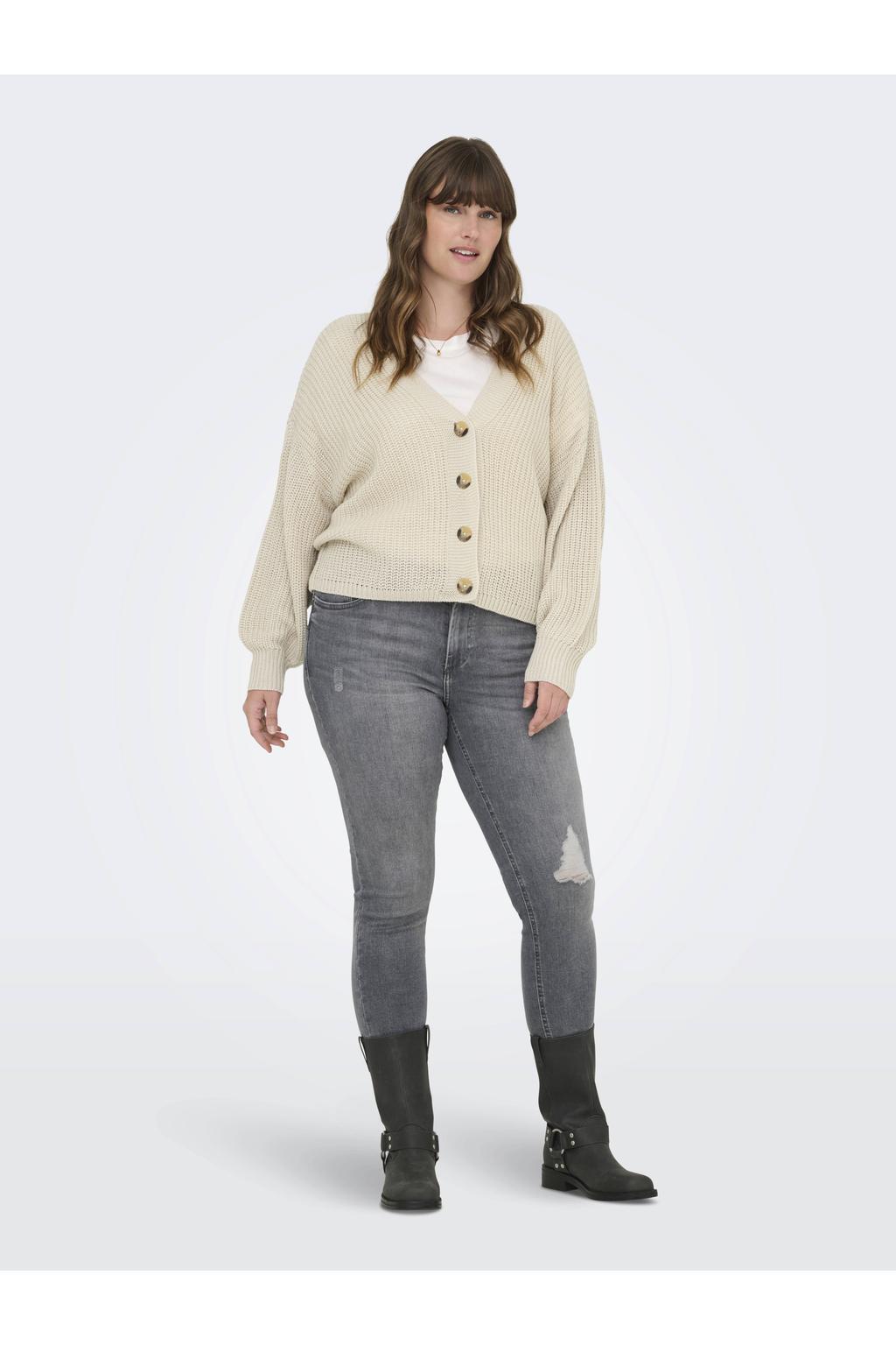 Beige dames ONLY CARMAKOMA vest gebreid van acryl met effen, lange mouwen, V-hals en knoopsluiting