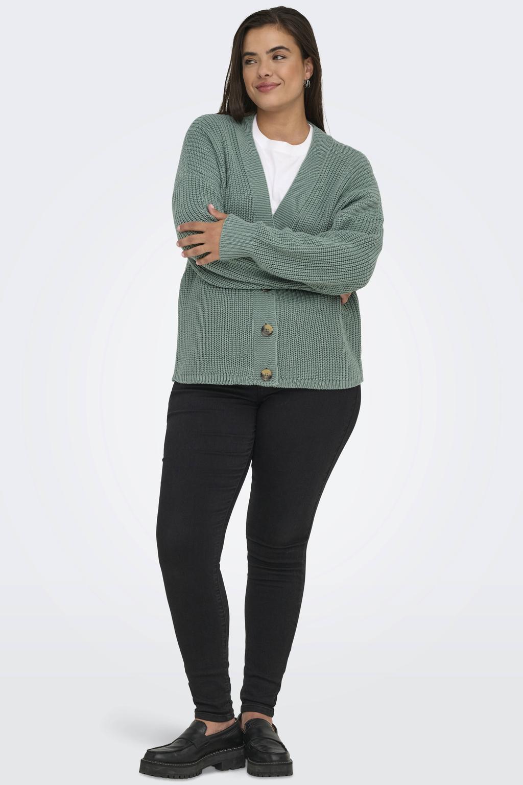Groene dames ONLY CARMAKOMA vest gebreid van acryl met effen, lange mouwen, V-hals en knoopsluiting
