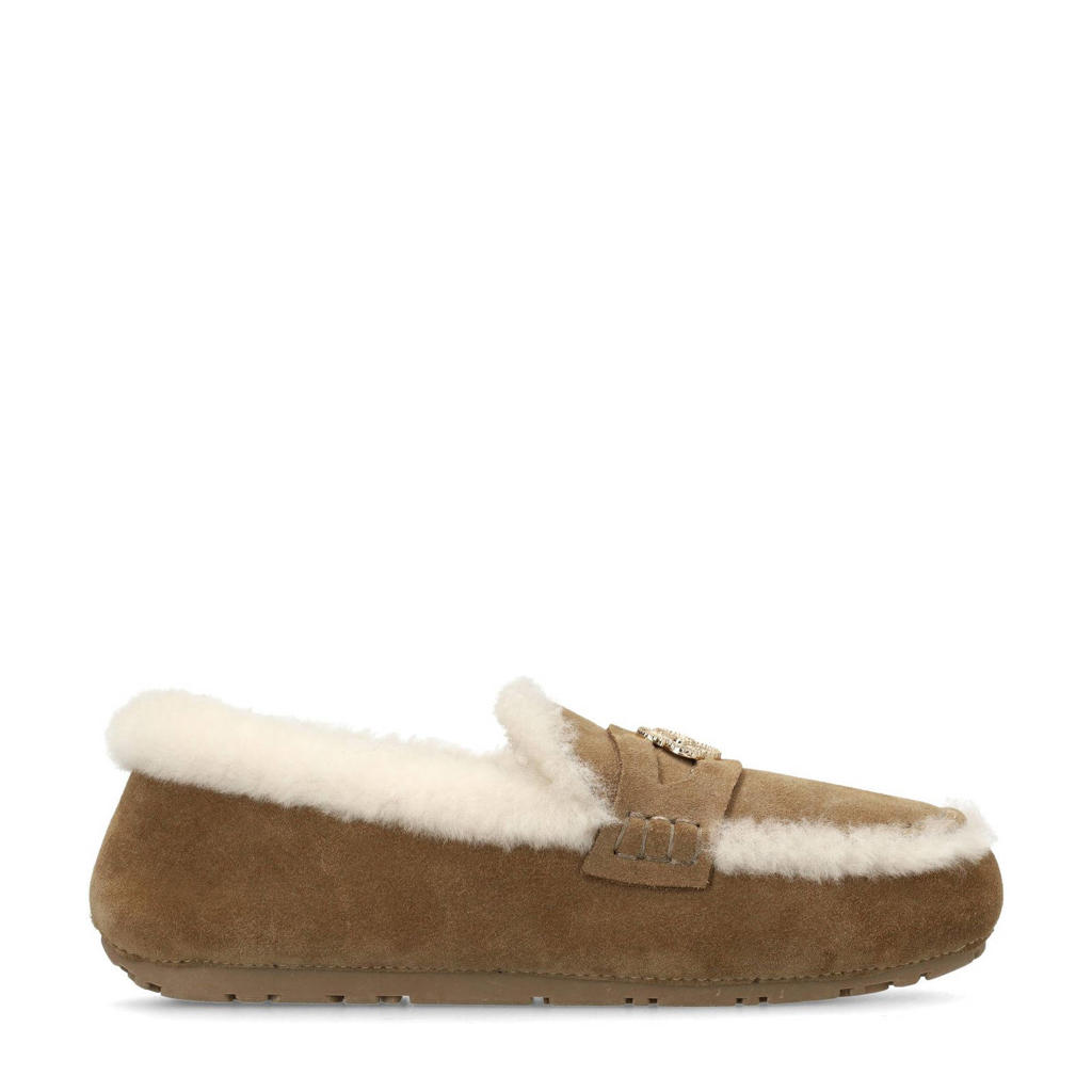 Camel en ecru dames Manfield suède pantoffels