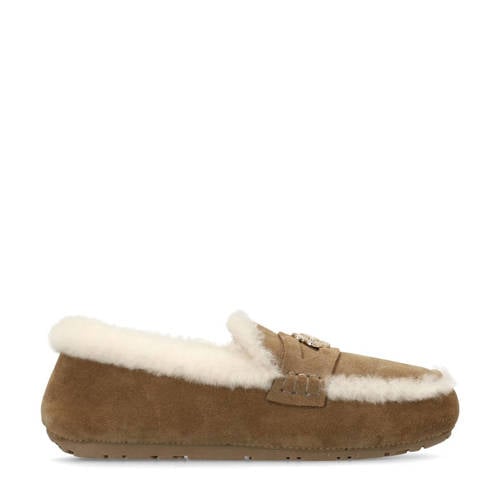 Manfield suède pantoffels camel/ecru afbeelding