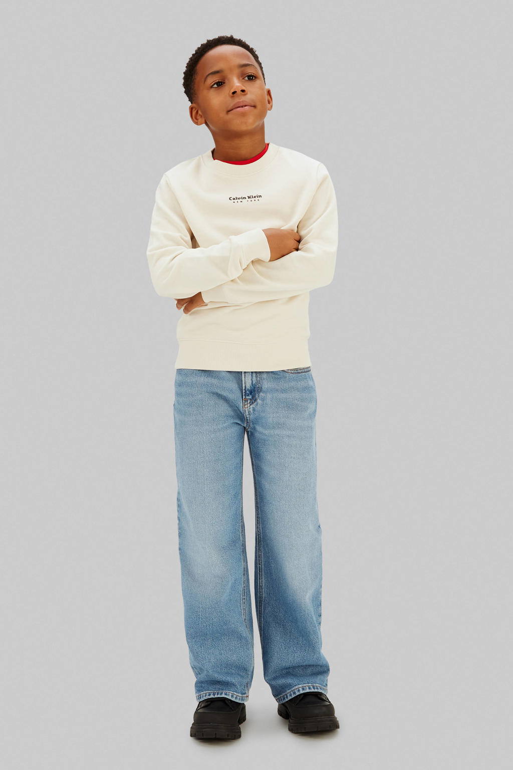 Grijze jongens Calvin Klein sweater met logo dessin, lange mouwen en ronde hals