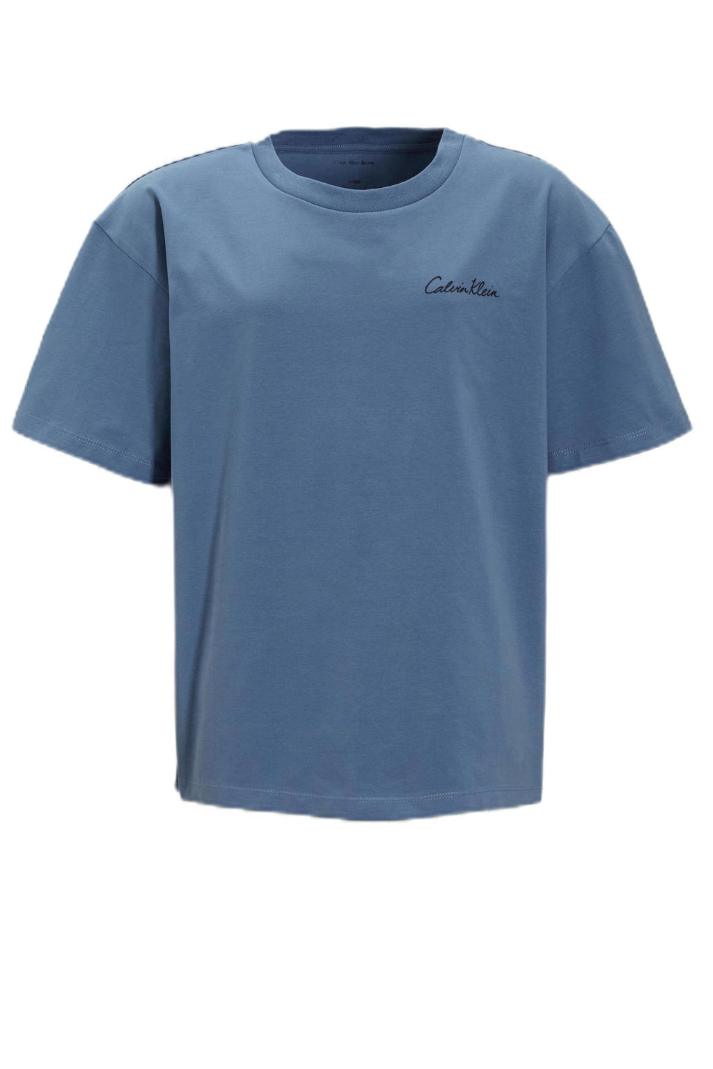 Blauwe jongens Calvin Klein T-shirt van stretchkatoen met backprint, korte mouwen en ronde hals