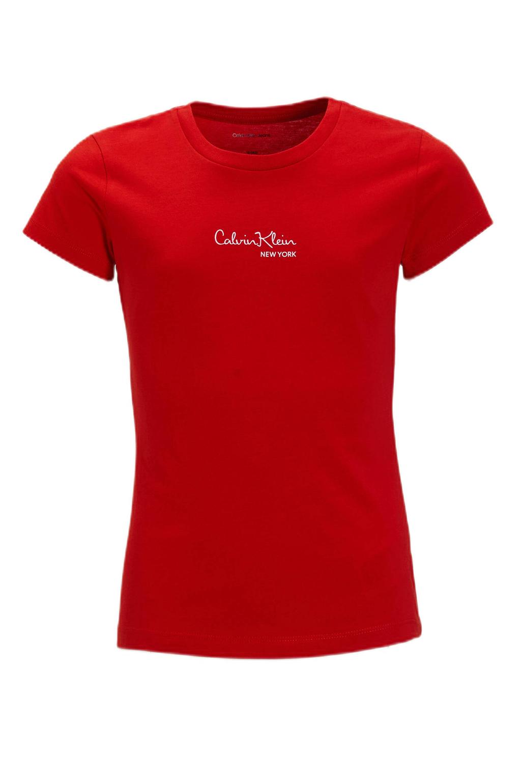 Rode meisjes Calvin Klein T-shirt van katoen met tekst print, korte mouwen en ronde hals