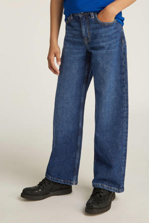 high waist wide leg jeans dark blue denim