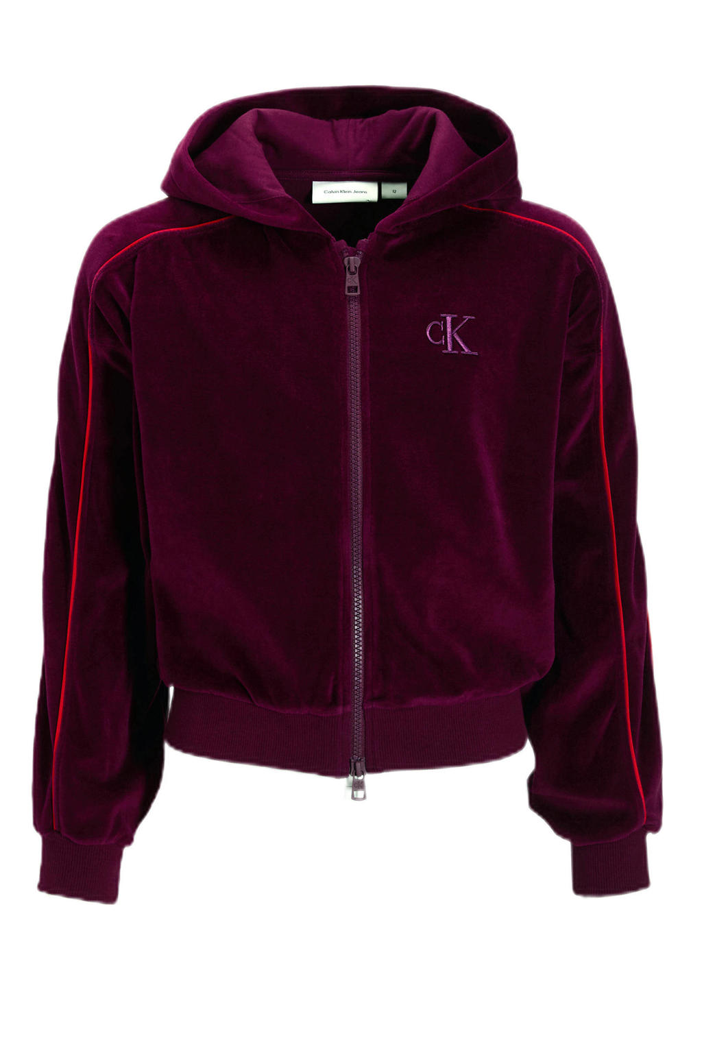 Paarse meisjes Calvin Klein fluwelen sweatvest met lange mouwen, capuchon, ritssluiting en contrast bies