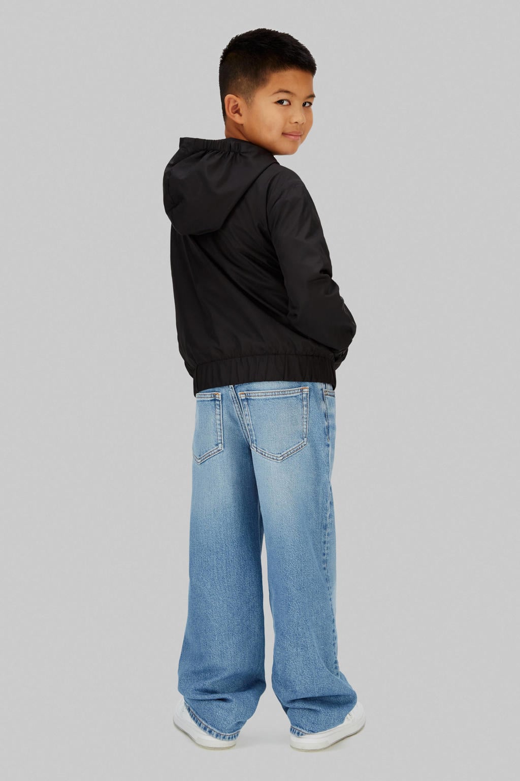 Zwarte jongens Calvin Klein tussenjas van polyester met logo dessin, lange mouwen, capuchon, ritssluiting en elastische boord