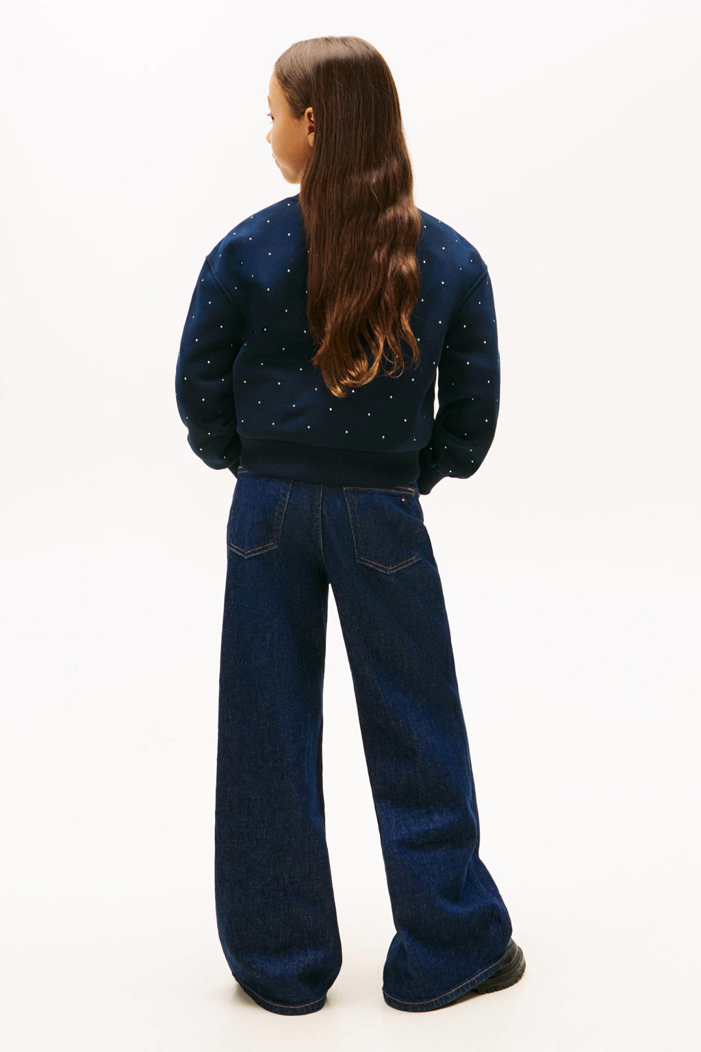 Donkerblauwe meisjes Tommy Hilfiger sweater met stippenprint, lange mouwen, ronde hals en geribde boorden