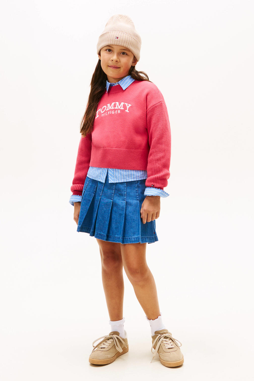 Roze meisjes Tommy Hilfiger sweater van katoen met logo dessin, lange mouwen en ronde hals