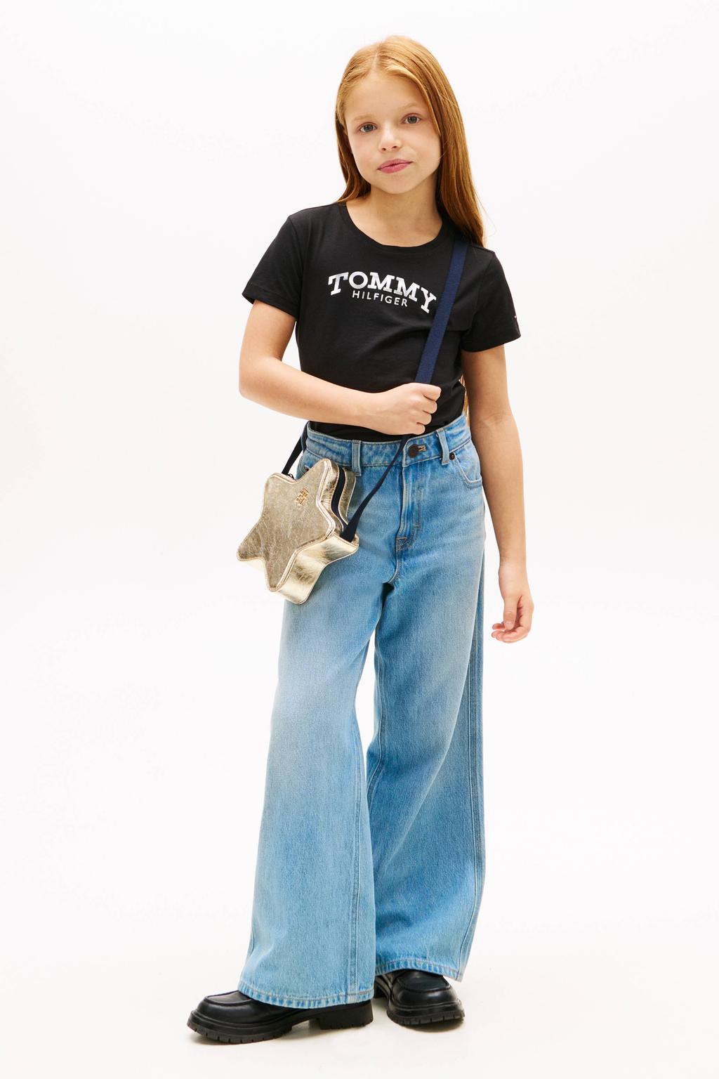Zwarte meisjes Tommy Hilfiger T-shirt van katoen met logo dessin, korte mouwen en ronde hals
