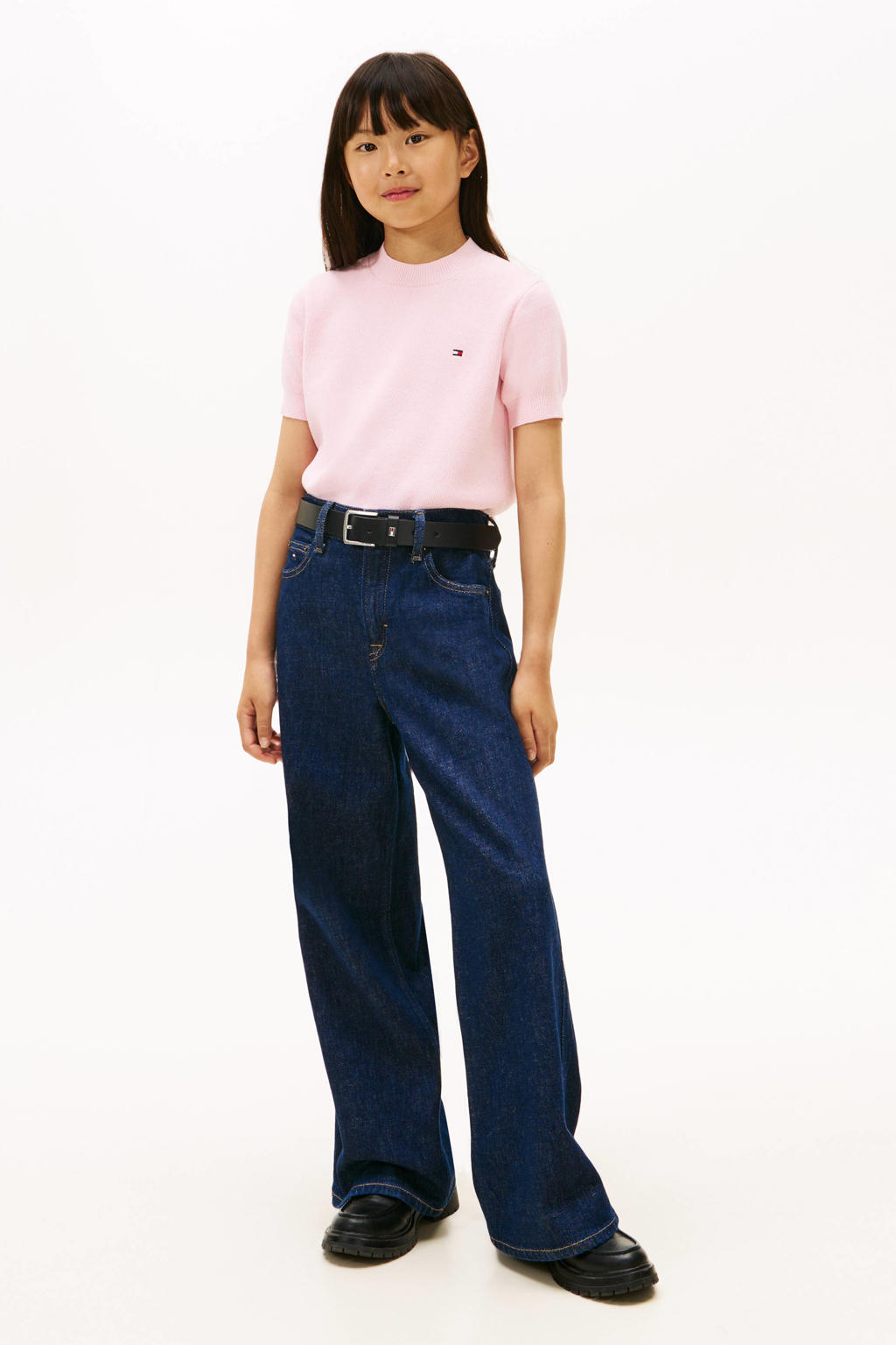 Roze meisjes Tommy Hilfiger sweater met effen, korte mouwen, ronde hals en textuur