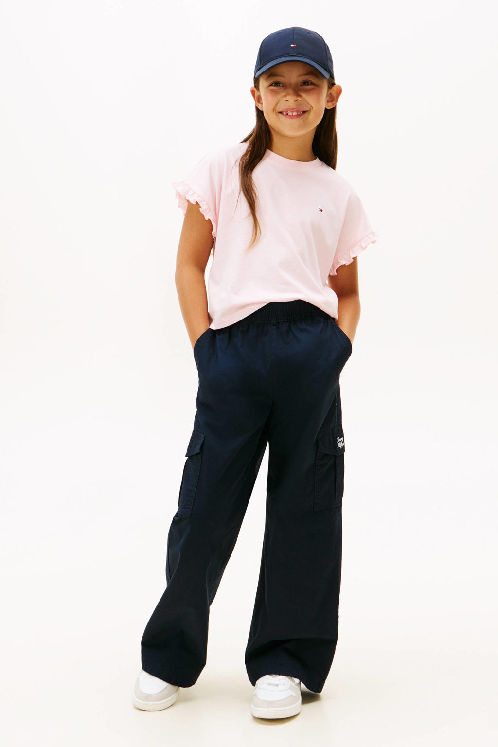 Roze meisjes Tommy Hilfiger T-shirt van katoen met effen, korte mouwen en ronde hals