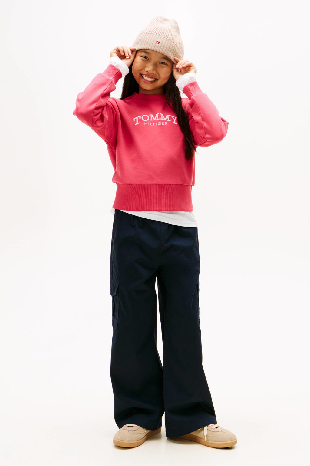 Rode meisjes Tommy Hilfiger sweater van stretchkatoen met logo dessin, lange mouwen, ronde hals en borduursels