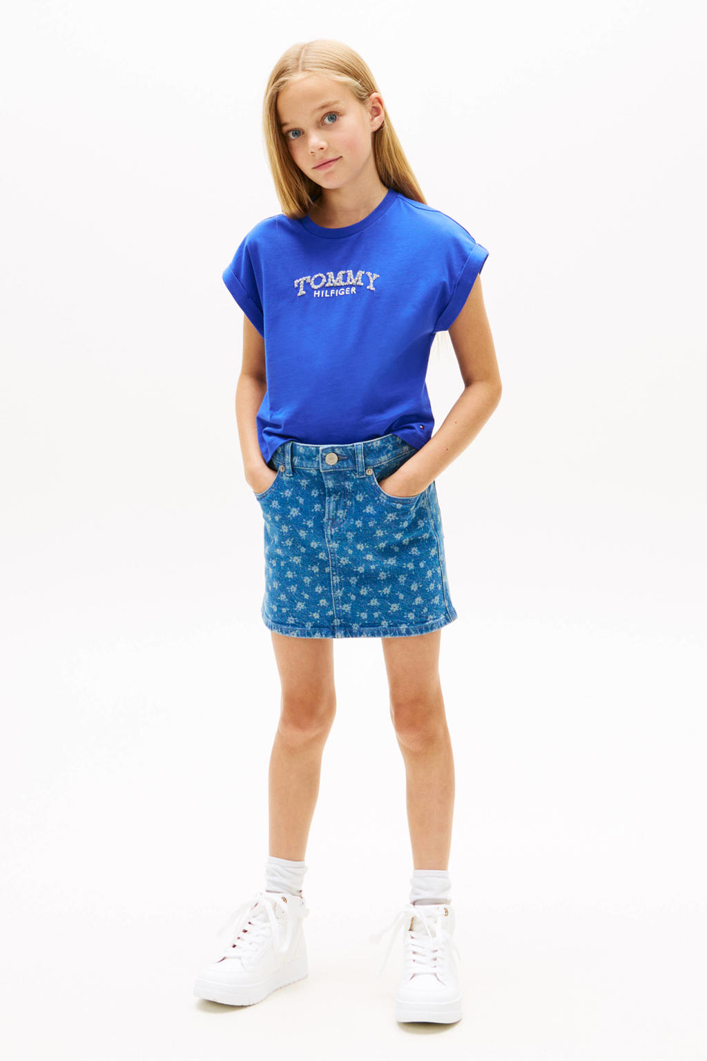 Blauwe meisjes Tommy Hilfiger T-shirt van katoen met logo dessin, korte mouwen en ronde hals