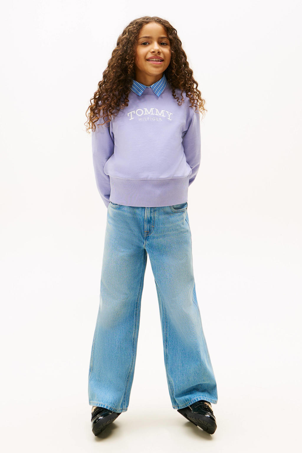 Lilakleurige meisjes Tommy Hilfiger sweater van stretchkatoen met logo dessin, lange mouwen, ronde hals en borduursels