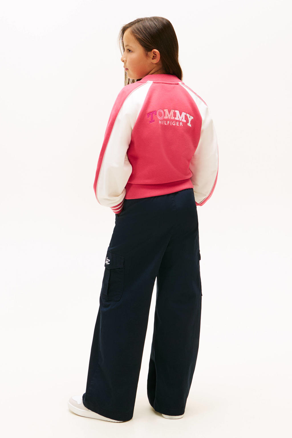 Roze en witte meisjes Tommy Hilfiger sweatvest van katoen met meerkleurige print, lange mouwen, ronde hals, drukknoopsluiting en geribde boorden