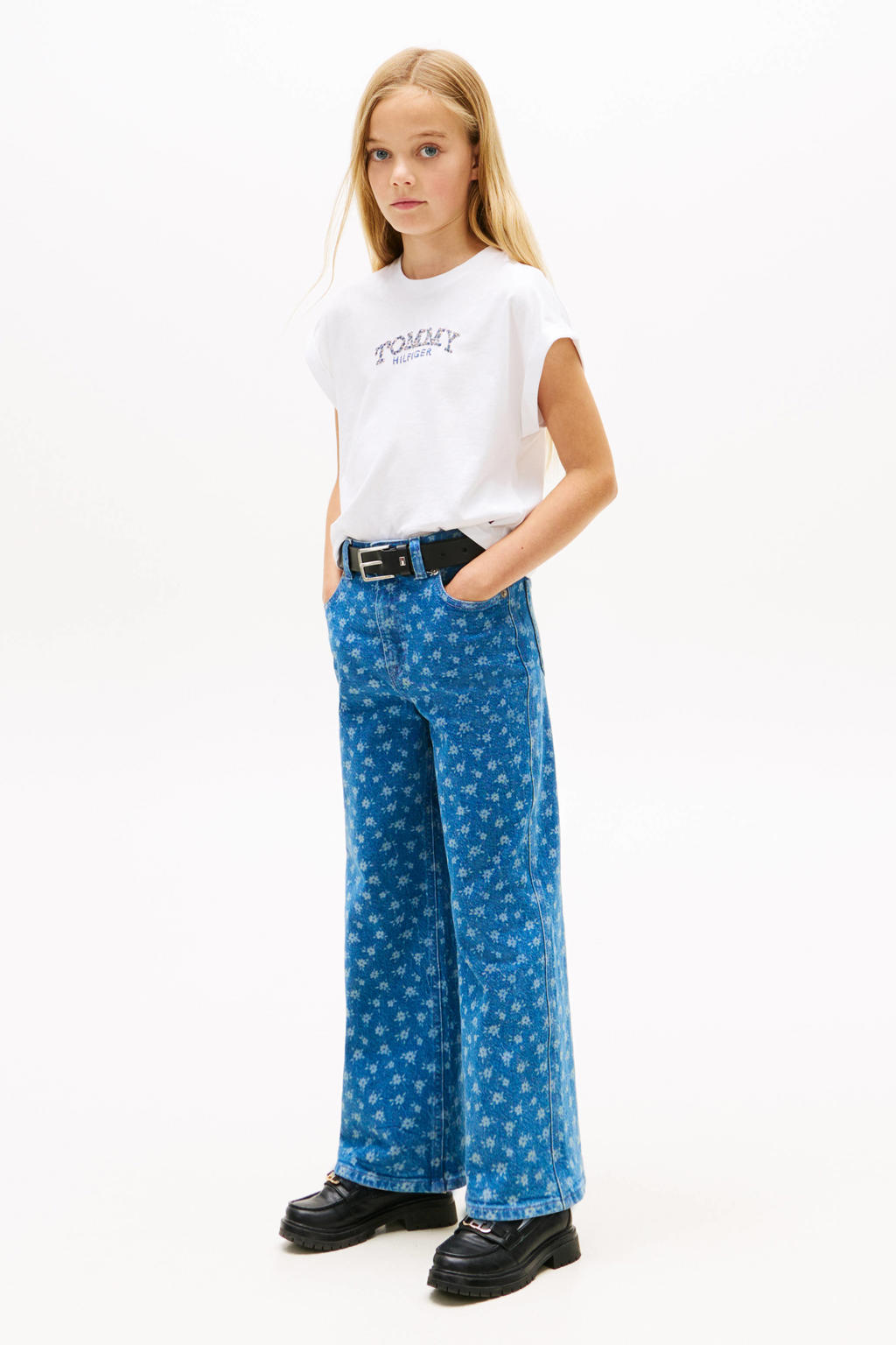 Witte meisjes Tommy Hilfiger T-shirt van katoen met logo dessin, korte mouwen en ronde hals