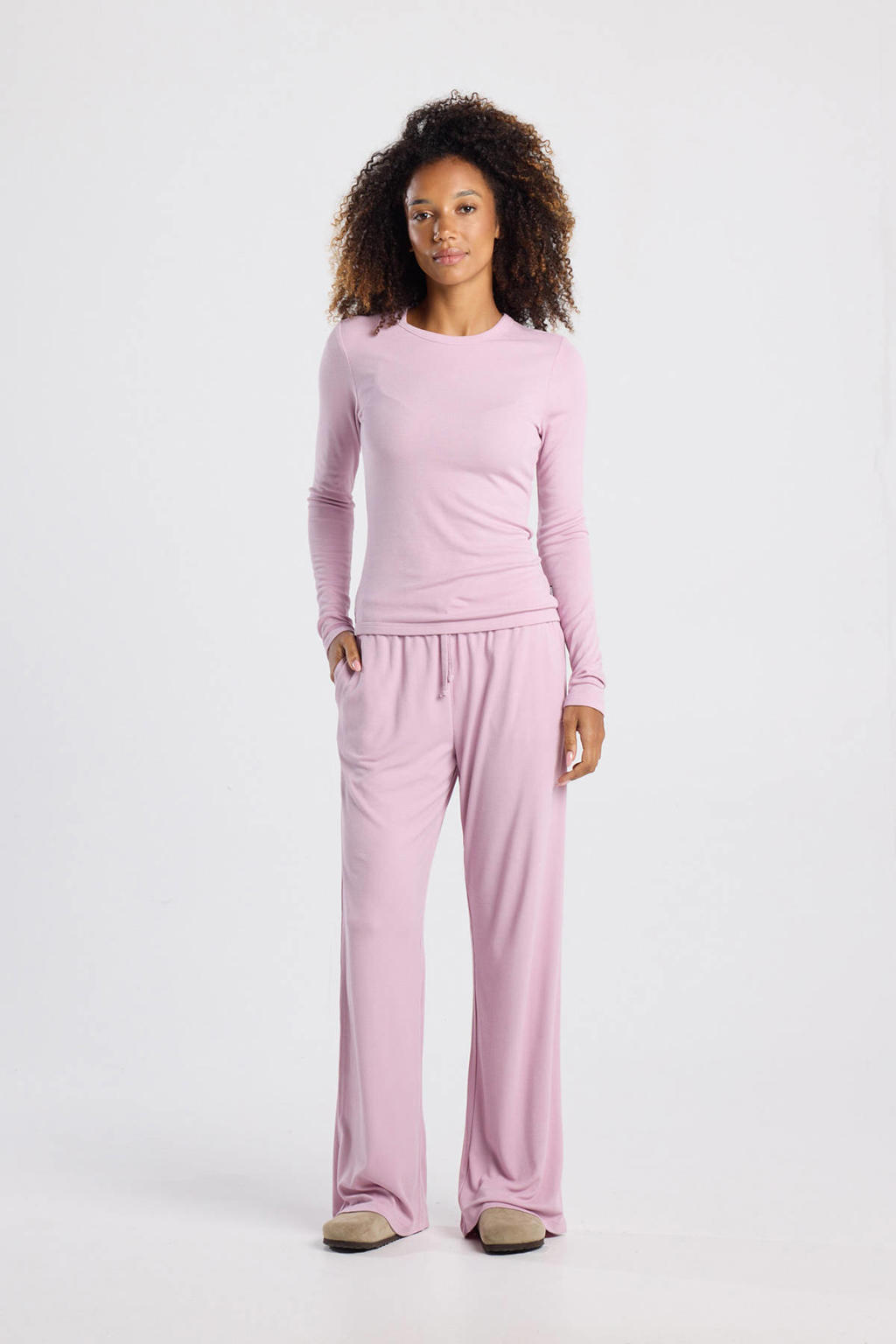 Roze dames America Today T-shirt van modal met effen, korte mouwen en ronde hals