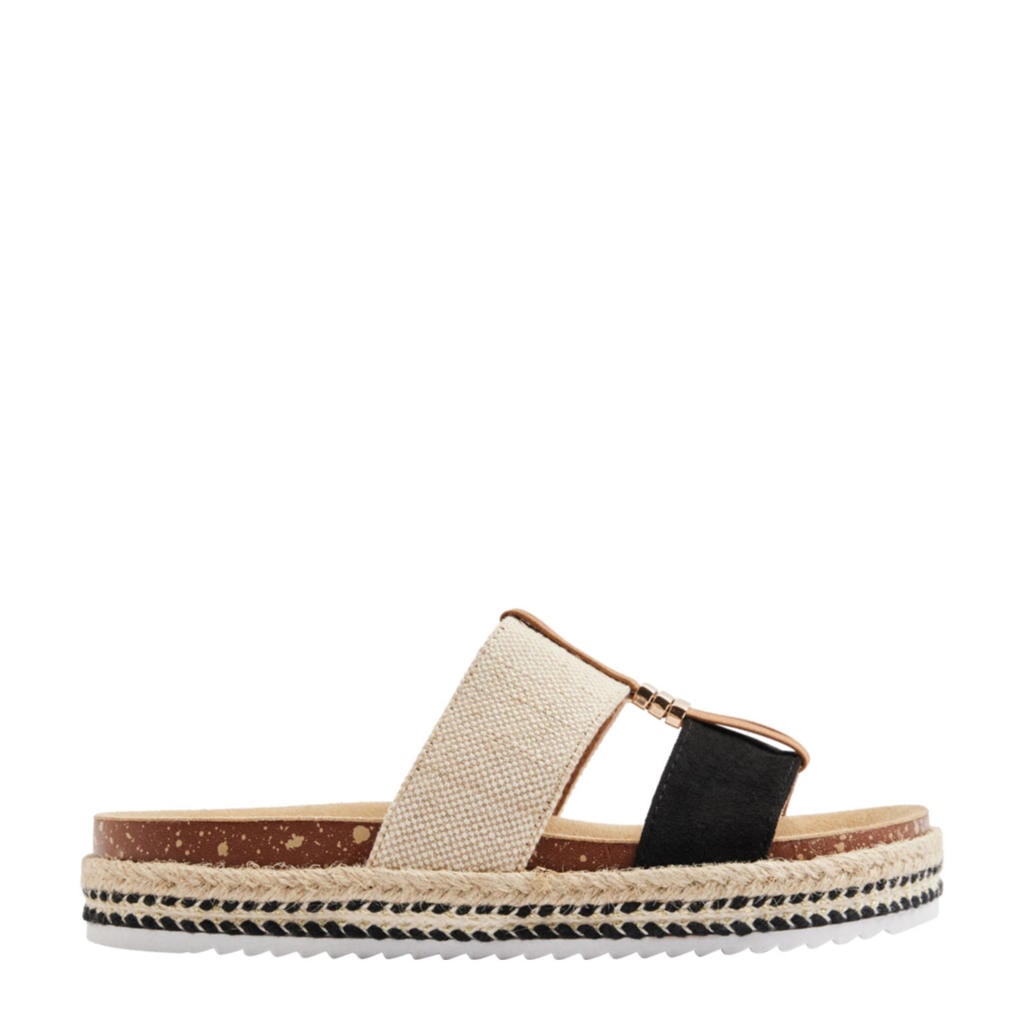 Zwart en beige dames Graceland slippers van textiel en imitatieleer