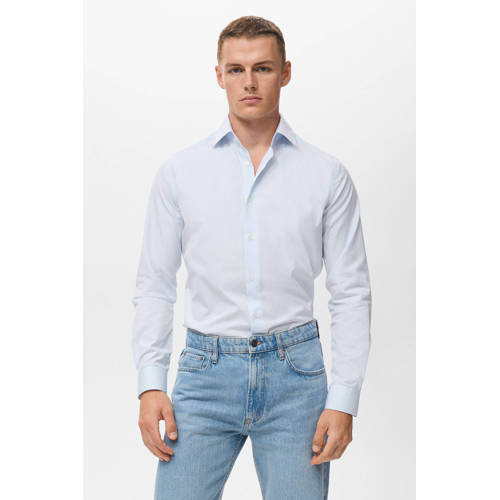 Mango Man slim gestreepte casual overhemd lichtblauw afbeelding