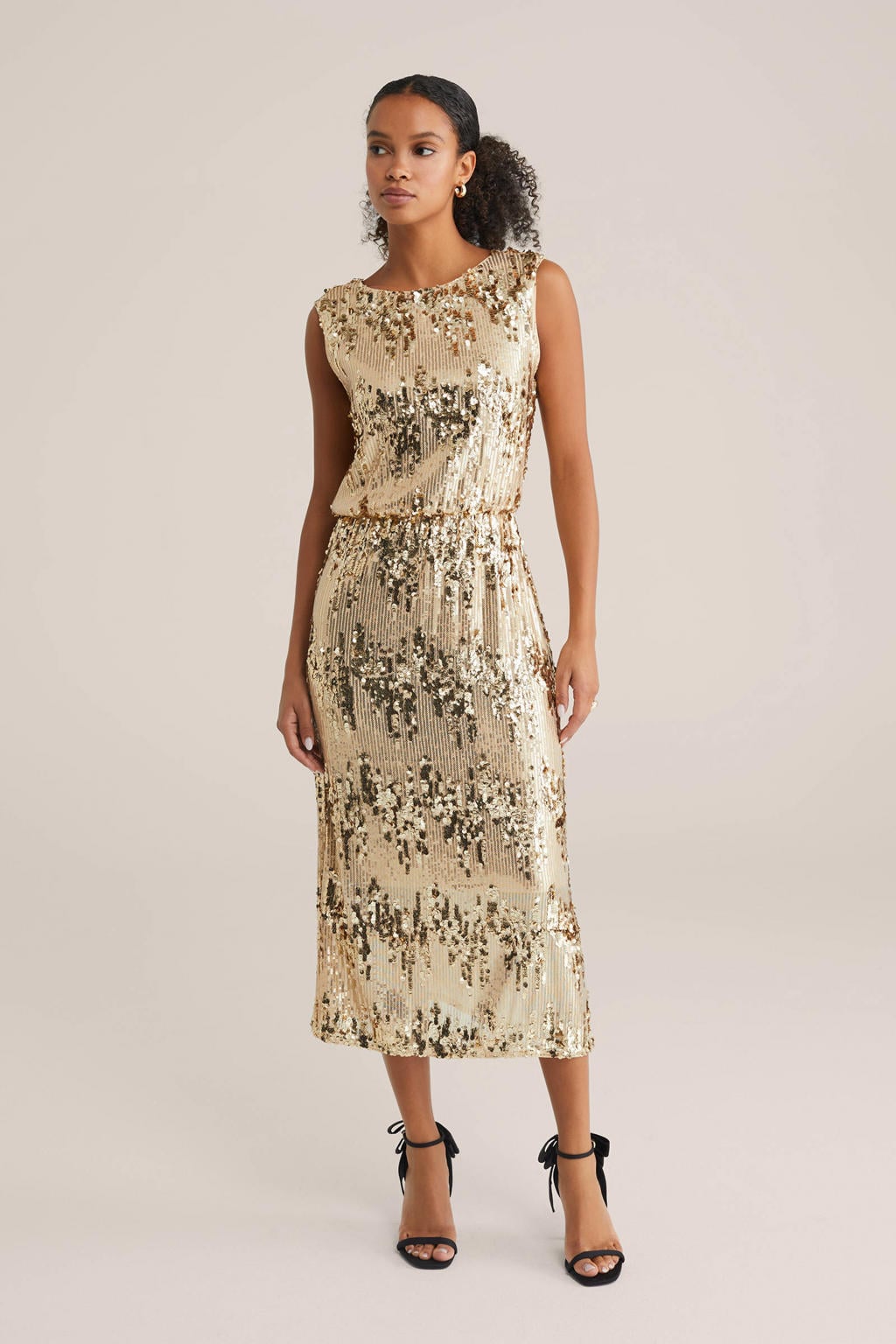 Champagne dames WE Fashion gestreepte maxi jurk van polyester met lange mouwen en boothals