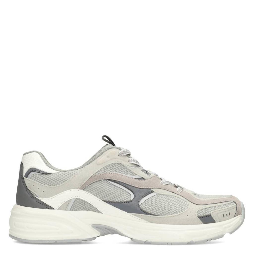 Lichtgrijze heren Poelman sneakers van imitatieleer en mesh met veters