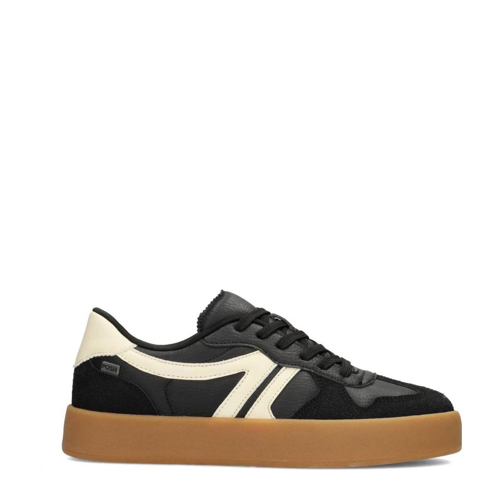 Zwarte dames POSH by Poelman Juna sneakers van imitatiesuède en imitatieleer met veters
