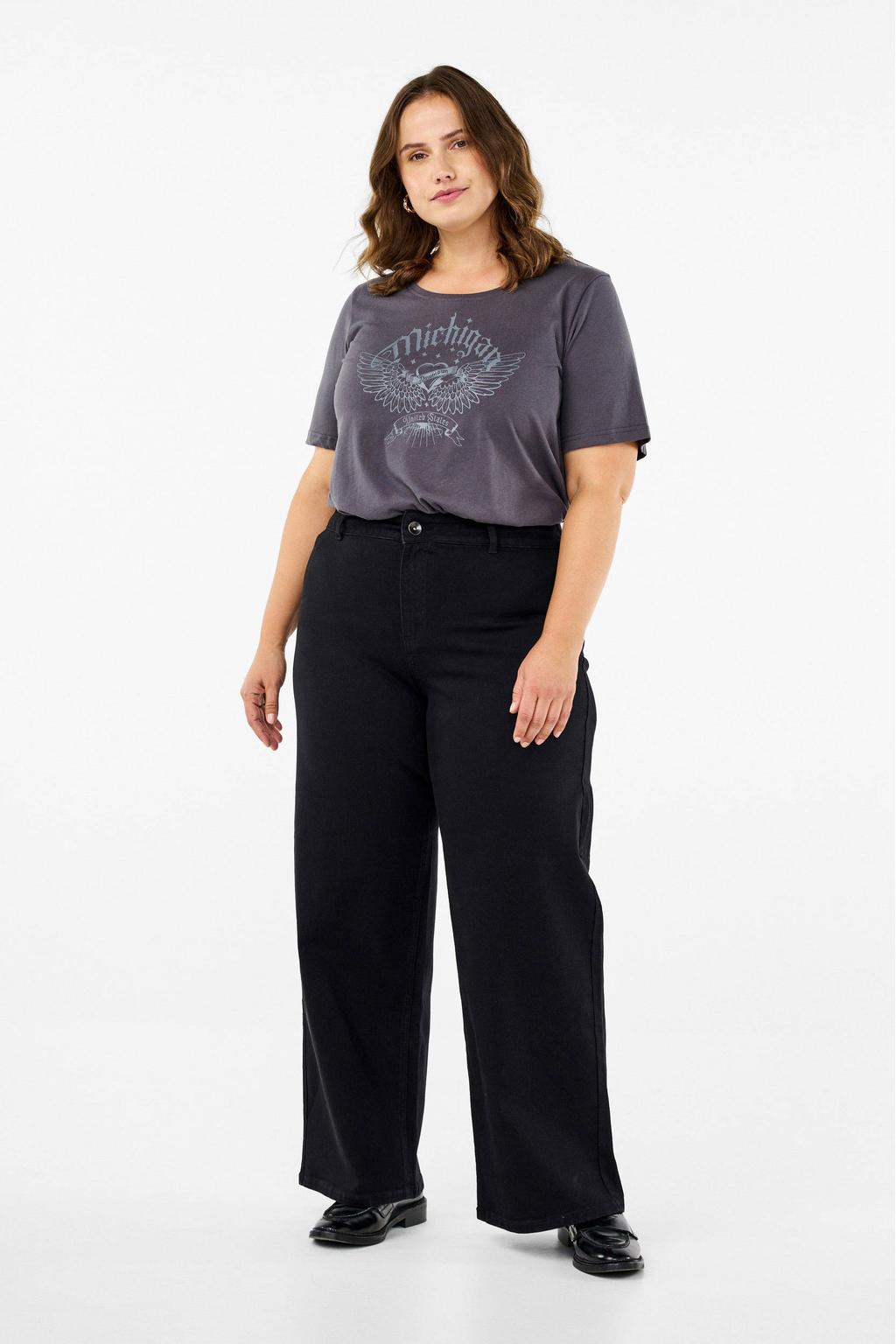 Black denim dames Zizzi high waist wide leg jeans black van denim met rits- en knoopsluiting en effen