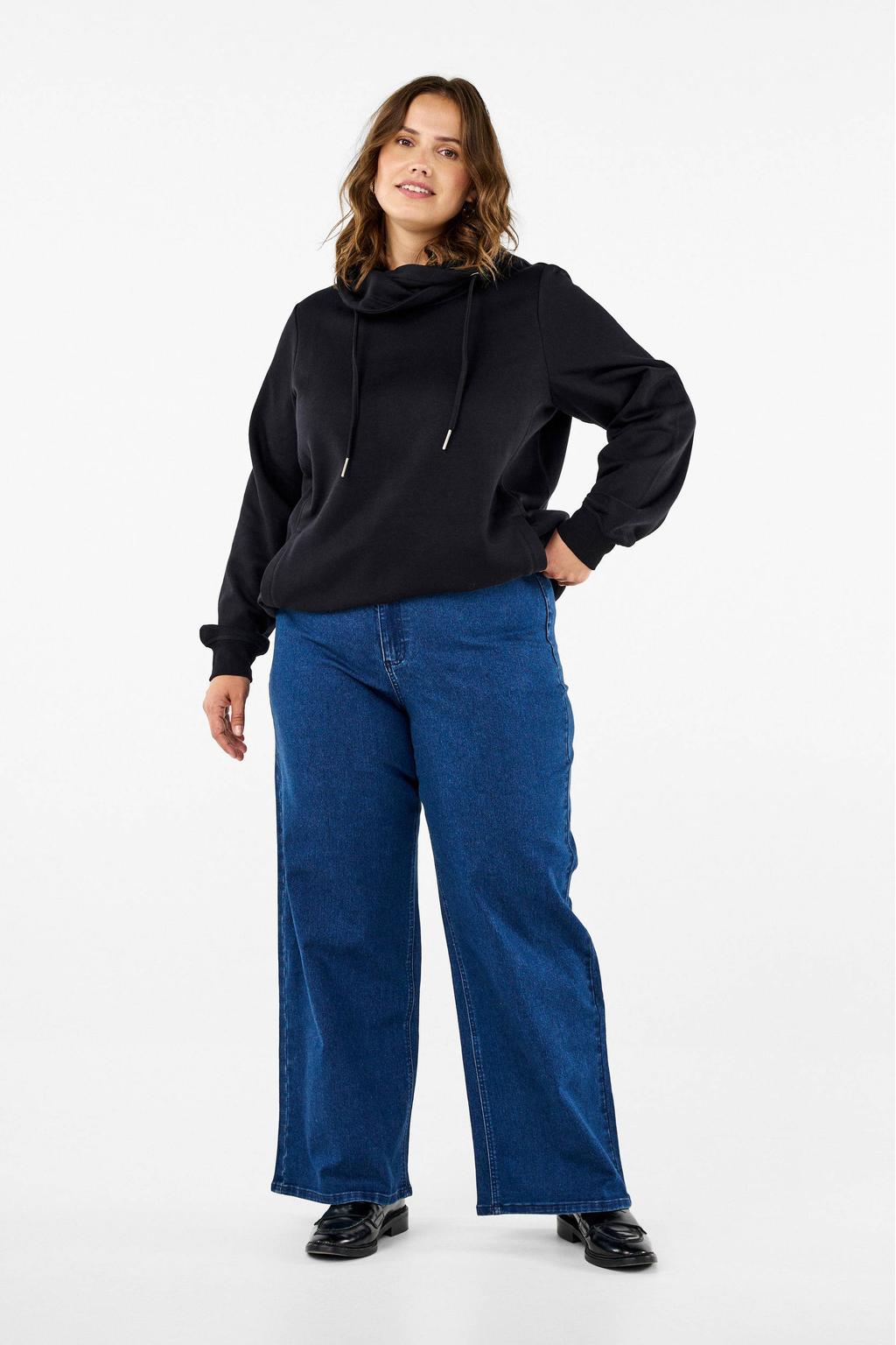 Dark blue denim dames Zizzi high waist wide leg jeans dark blue van denim met rits- en knoopsluiting en effen