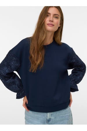 gebloemde gebreide trui marineblauw
