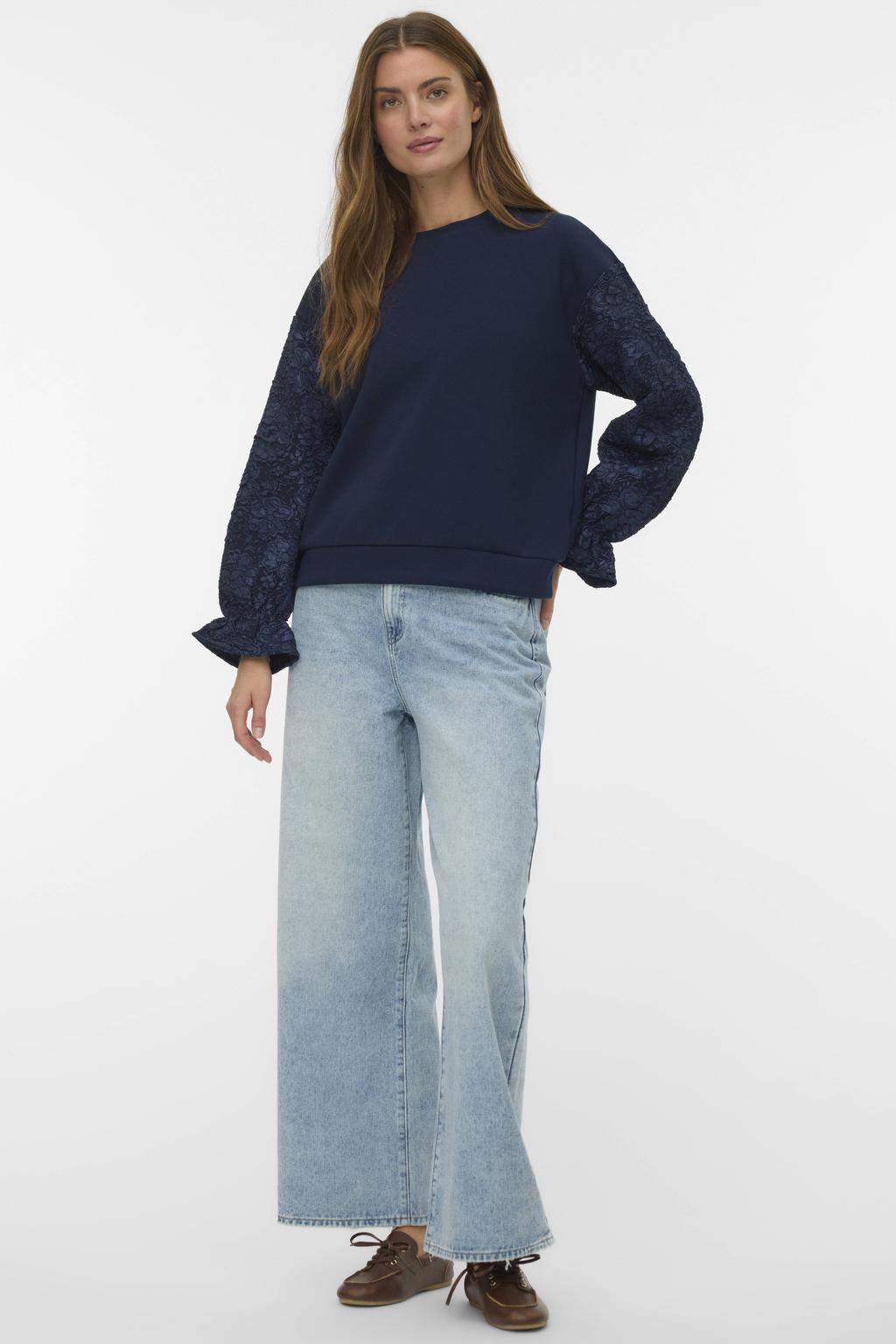 Marineblauw dames VERO MODA gebloemde gebreide trui blauw van polyester met lange mouwen, ronde hals en textuur