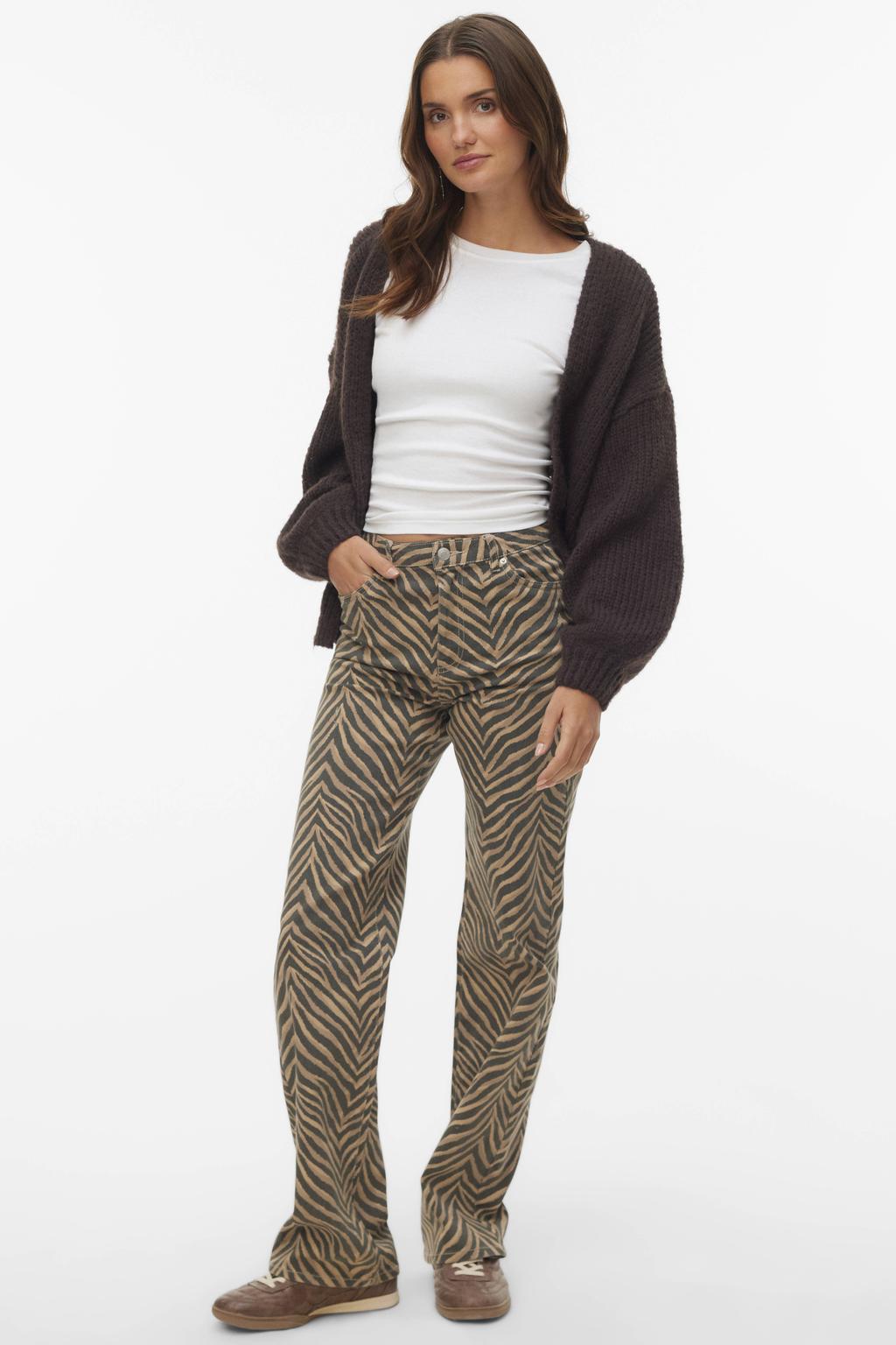 Bruin en zwarte dames VERO MODA high waist wide leg jeans van denim met rits- en knoopsluiting en dierenprint