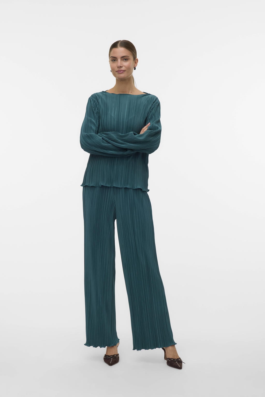 Groene dames VERO MODA regular high waist casual broek van polyester met elastische tailleband en effen