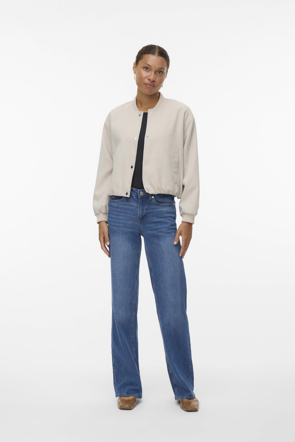 Grijze dames VERO MODA bomberjack van polyester met effen, lange mouwen, button down sluiting en knoopsluiting